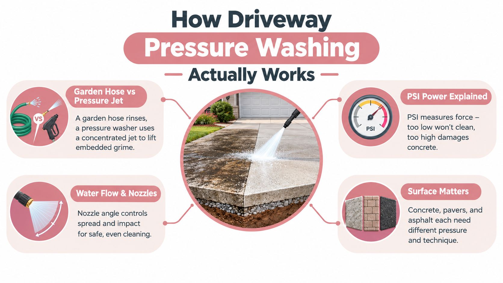 An infographic explaining how driveway pressure washing works, covering PSI force, nozzles, and various surface types.