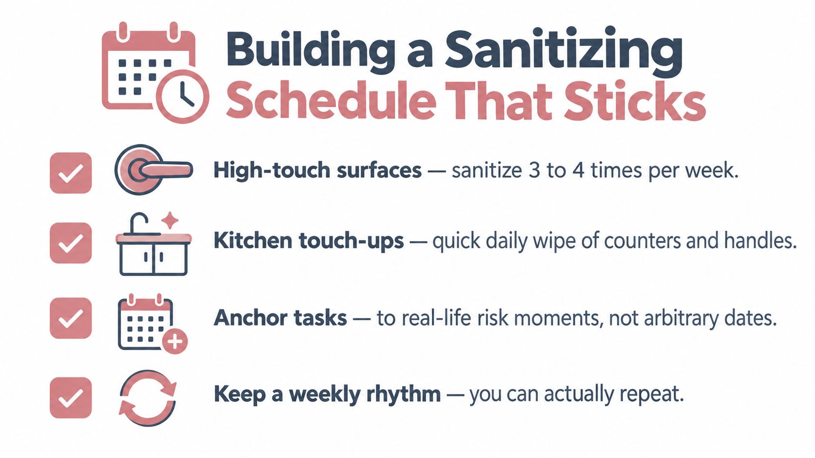 A helpful infographic about building a consistent sanitizing schedule for household cleanliness and hygiene maintenance.