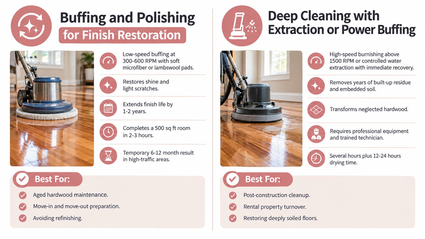 A comparison chart showing the differences between buffing and polishing versus deep cleaning for hardwood floors.