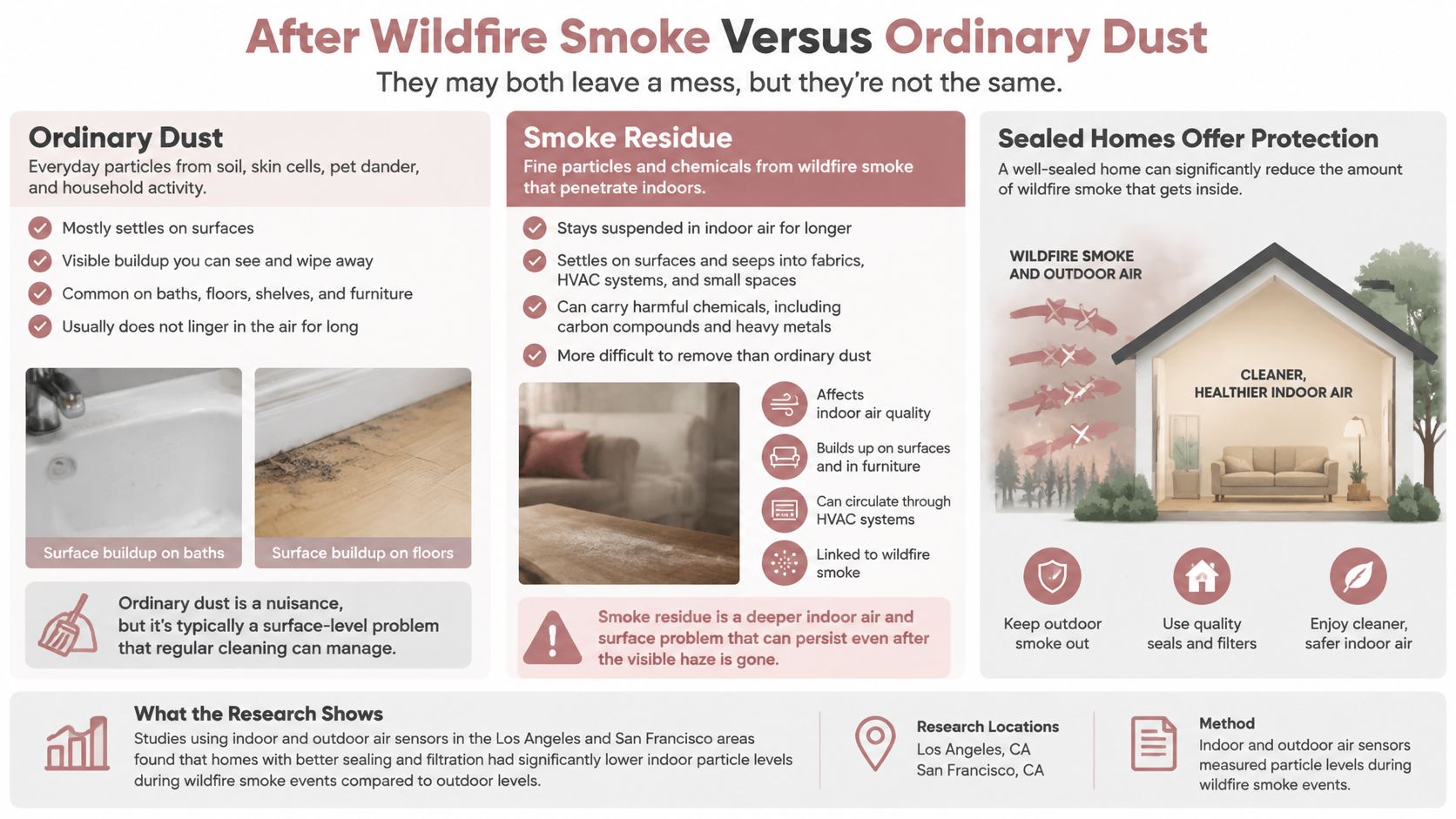 An infographic comparing wildfire smoke residue and ordinary dust, explaining home protection methods and research findings.