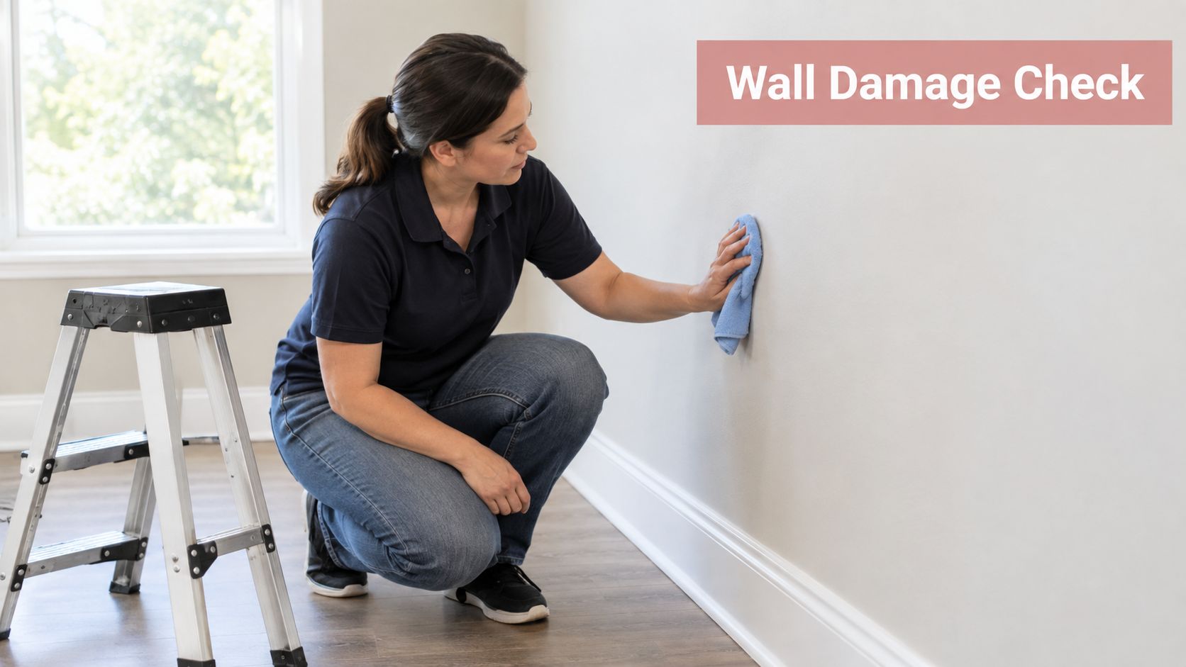 A professional cleaner kneeling and inspecting a wall for damage with a blue microfiber cloth.