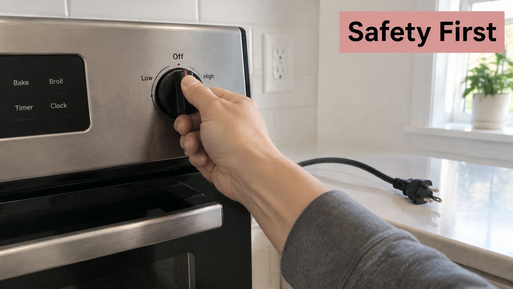 A hand turning the dial on a stainless steel oven to the off position for kitchen safety.