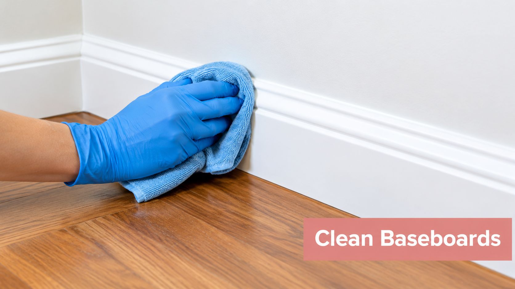 A hand wearing a blue rubber glove cleaning white wooden baseboards with a blue microfiber cloth.