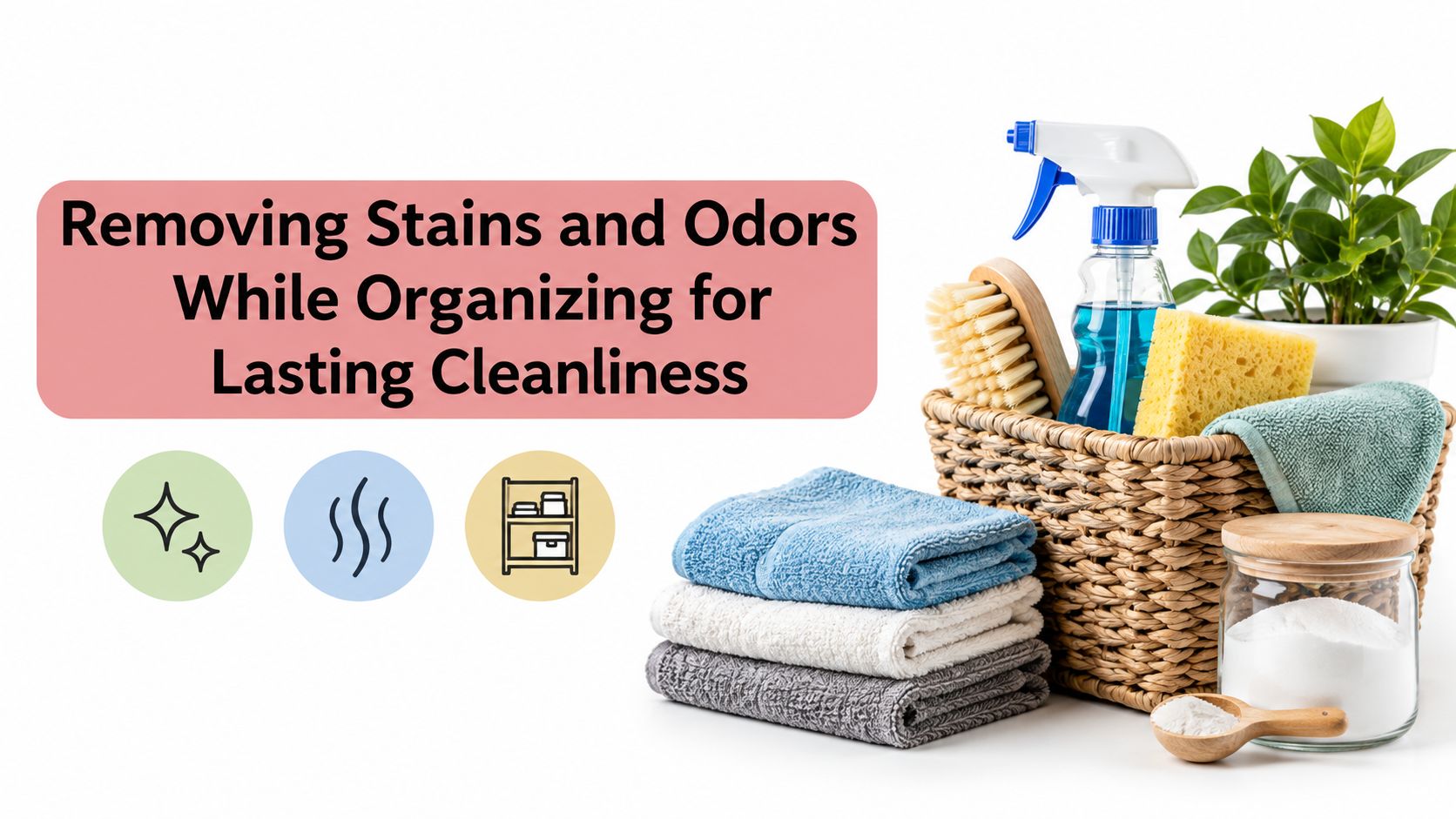 Cleaning supplies, folded towels, and a basket on a white background with the text Removing Stains and Odors.