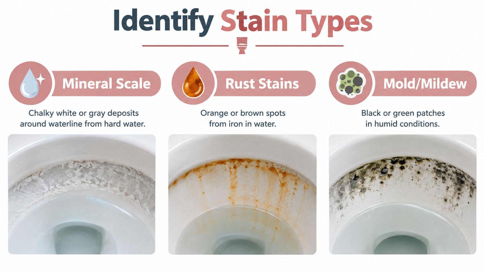 An infographic showing examples and identification of mineral scale, rust, and mold stains in toilet bowls.