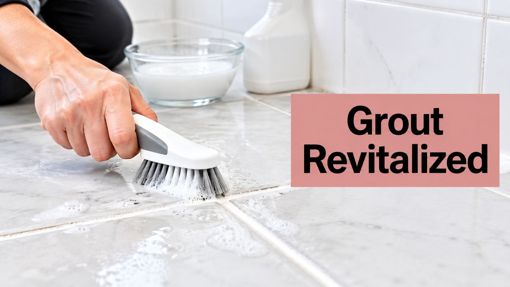 A person using a scrub brush to clean dirty grout lines on light-colored marble floor tiles.