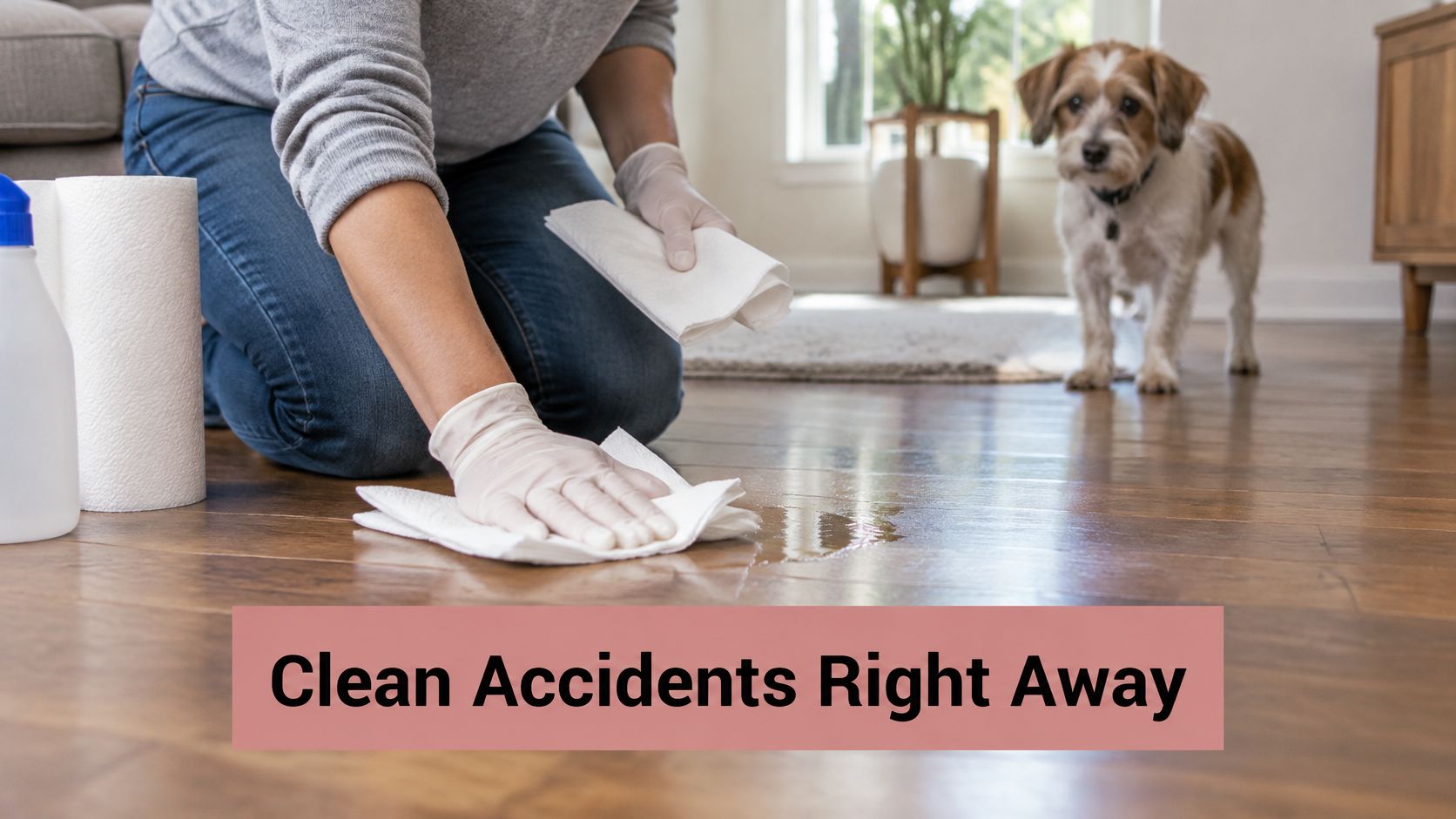 A person wearing white gloves cleaning a pet accident off a hardwood floor with a paper towel.
