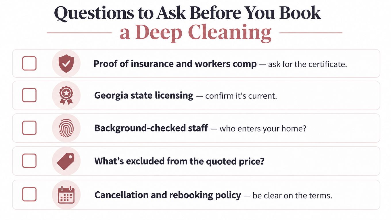 A checklist titled Questions to Ask Before You Book a Deep Cleaning with five important points.