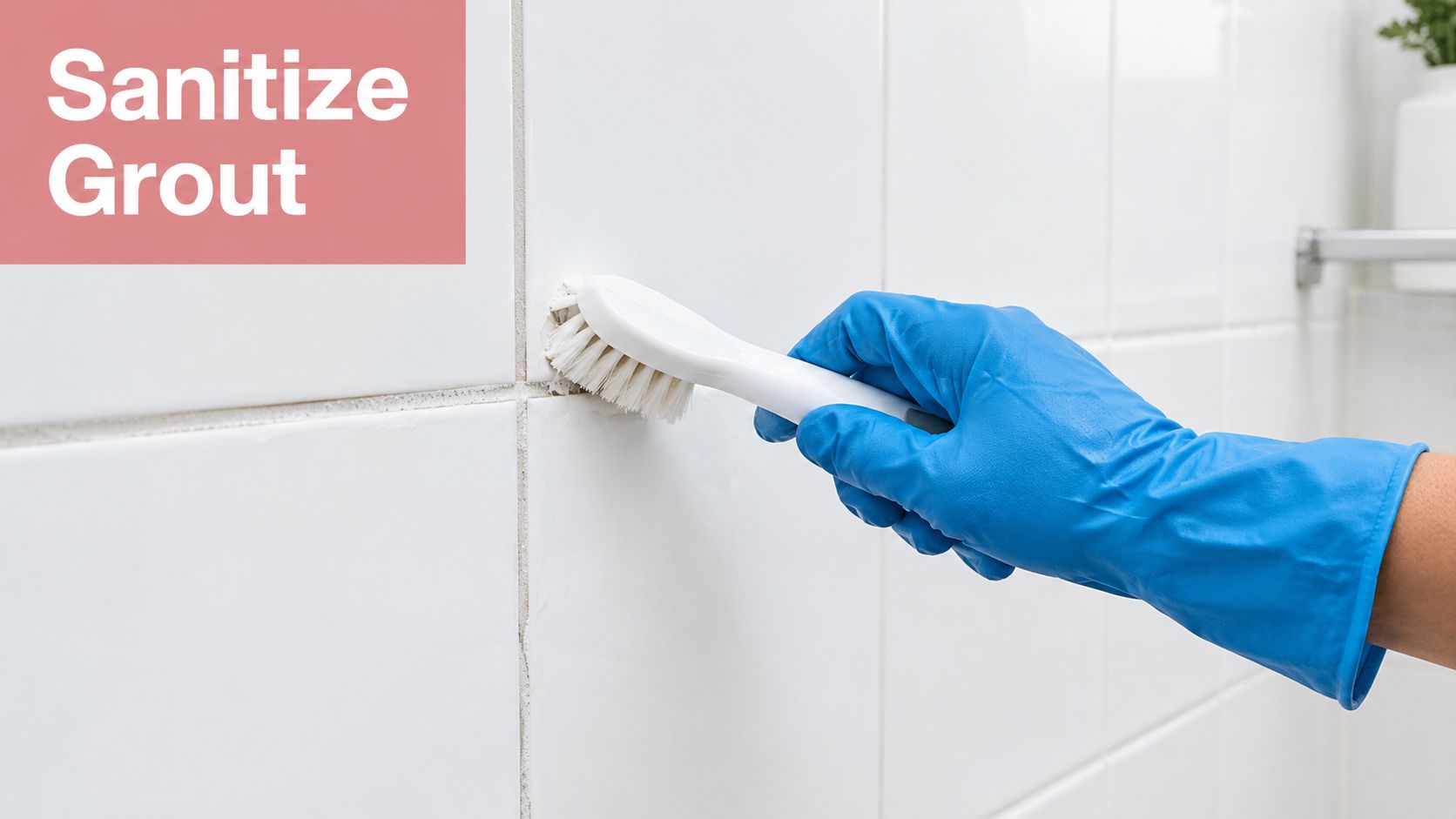 A person wearing blue rubber gloves uses a stiff brush to scrub tile grout in a bathroom.