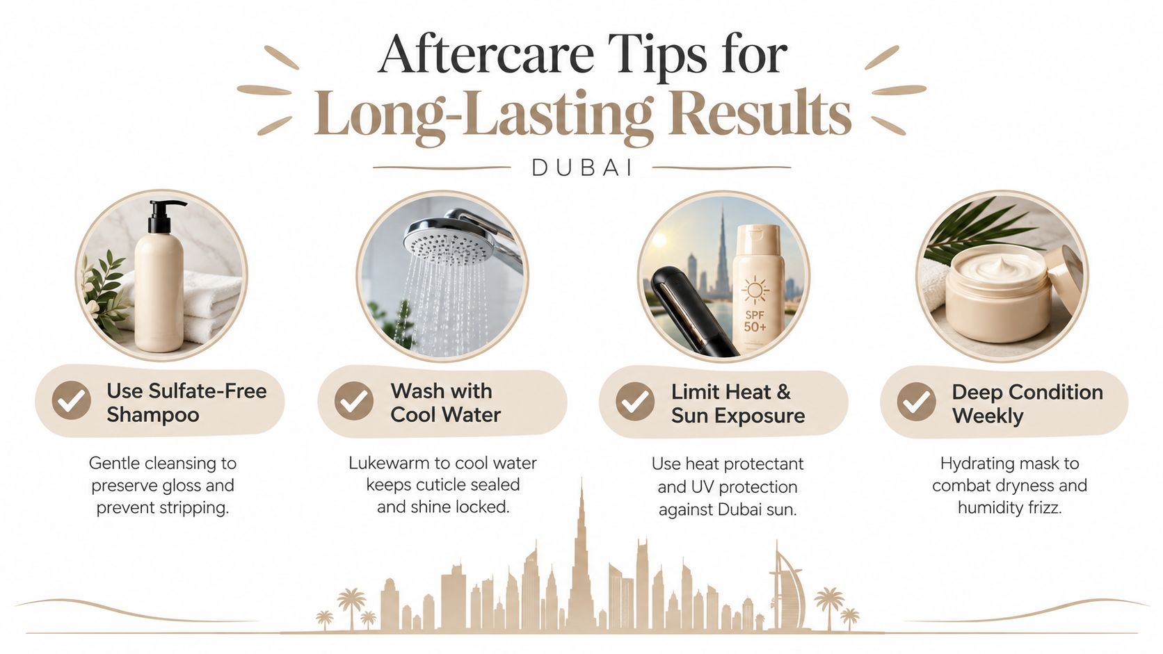 An infographic detailing essential hair aftercare tips for maintaining gloss treatments in a sunny climate like Dubai.