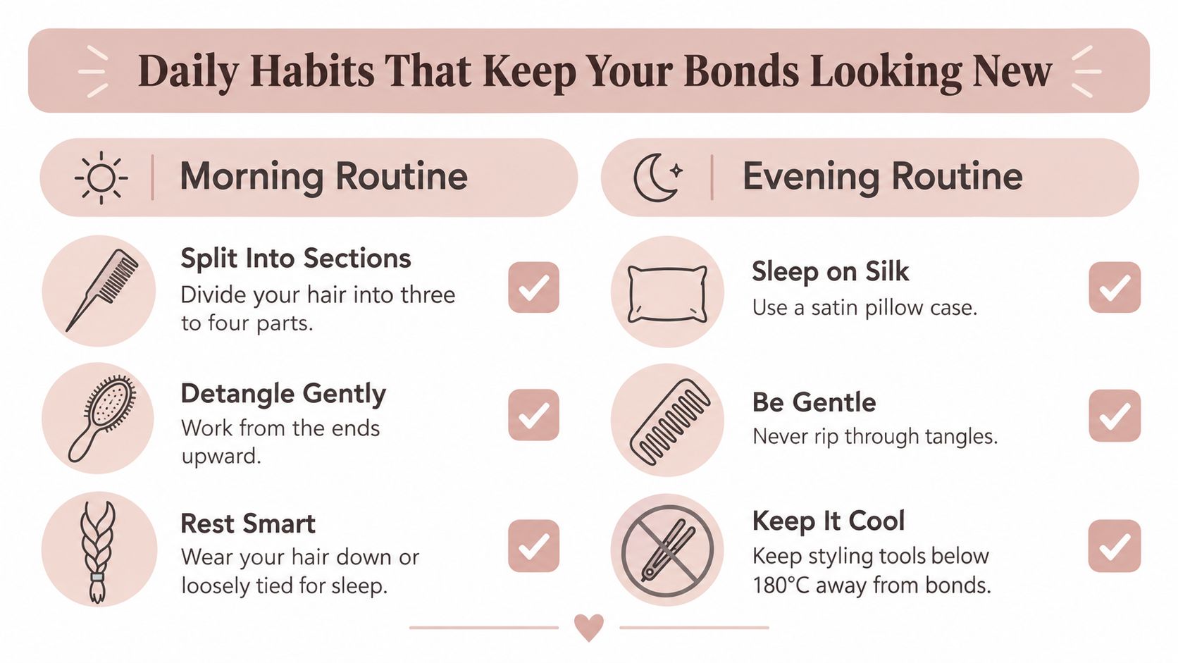 An infographic showing daily hair care tips to maintain keratin bond extensions for morning and evening routines.
