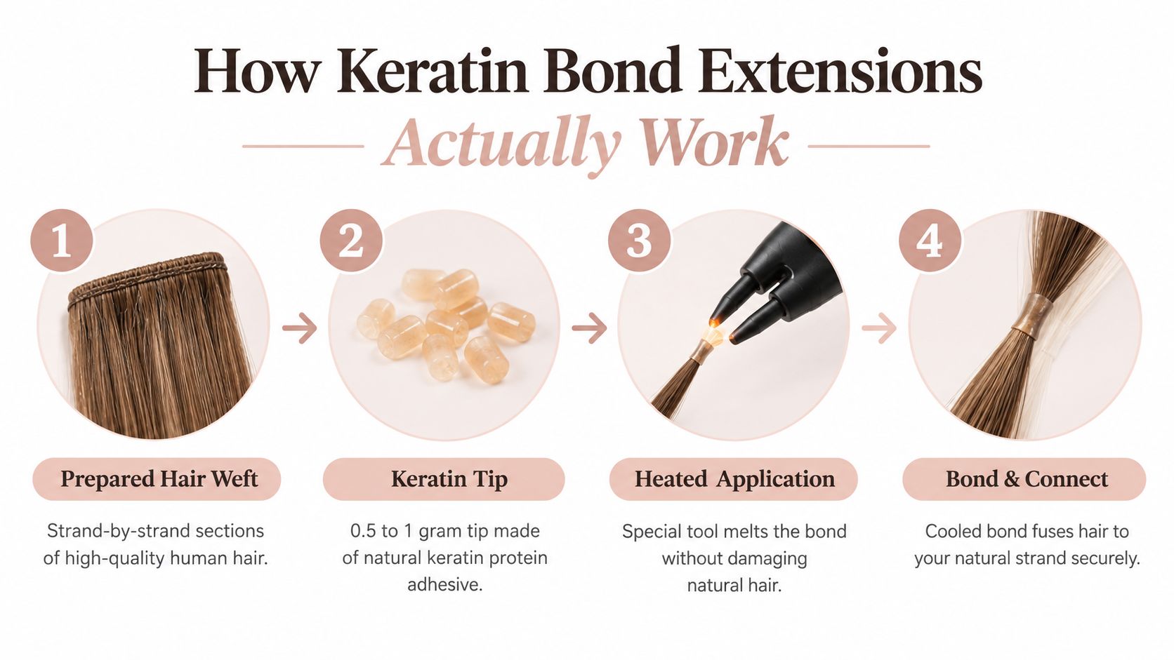 A four step infographic explaining the application process for professional keratin bond hair extensions on natural hair.