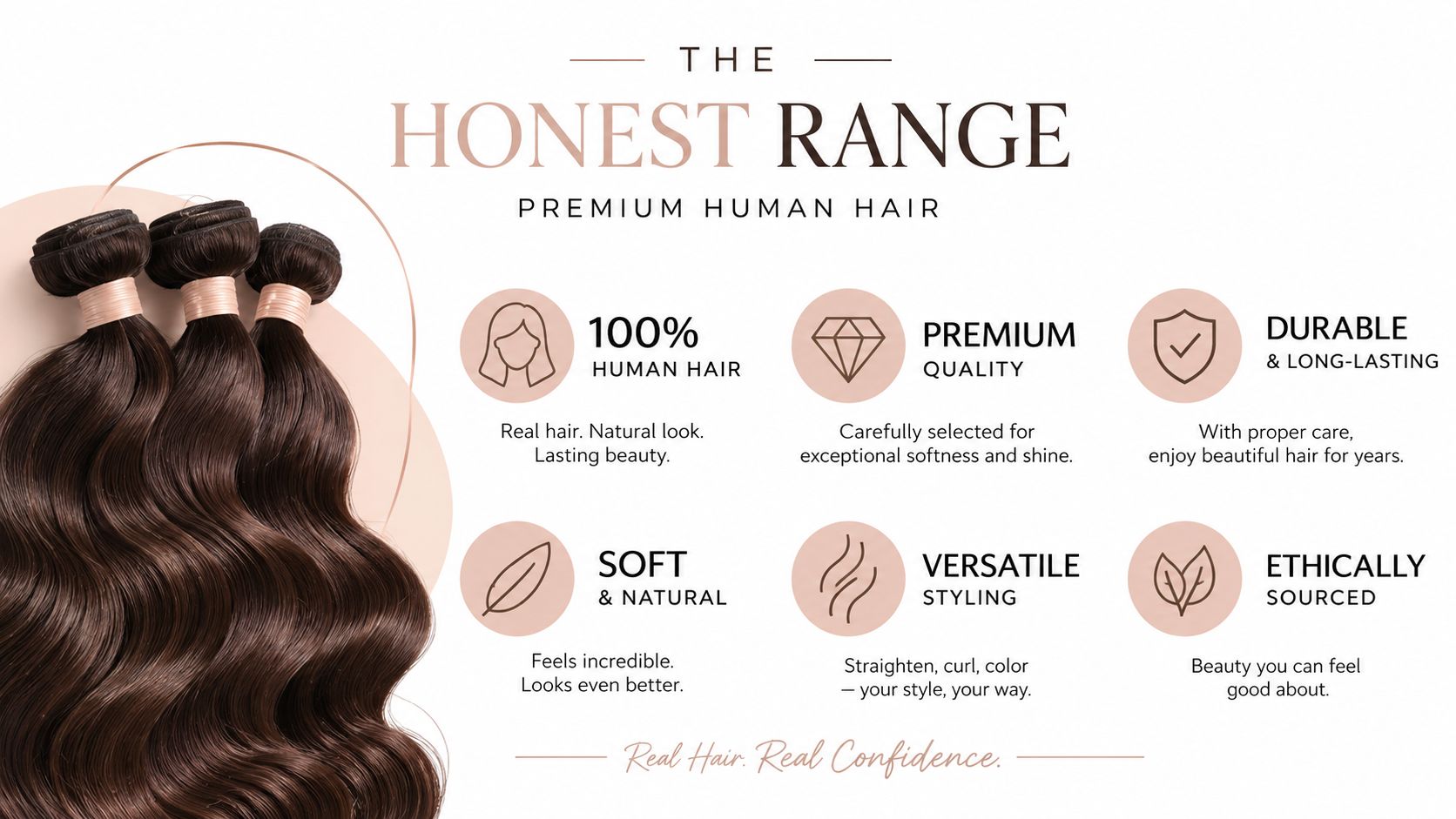A marketing graphic for The Honest Range premium human hair extensions highlighting their quality, durability, and versatility.