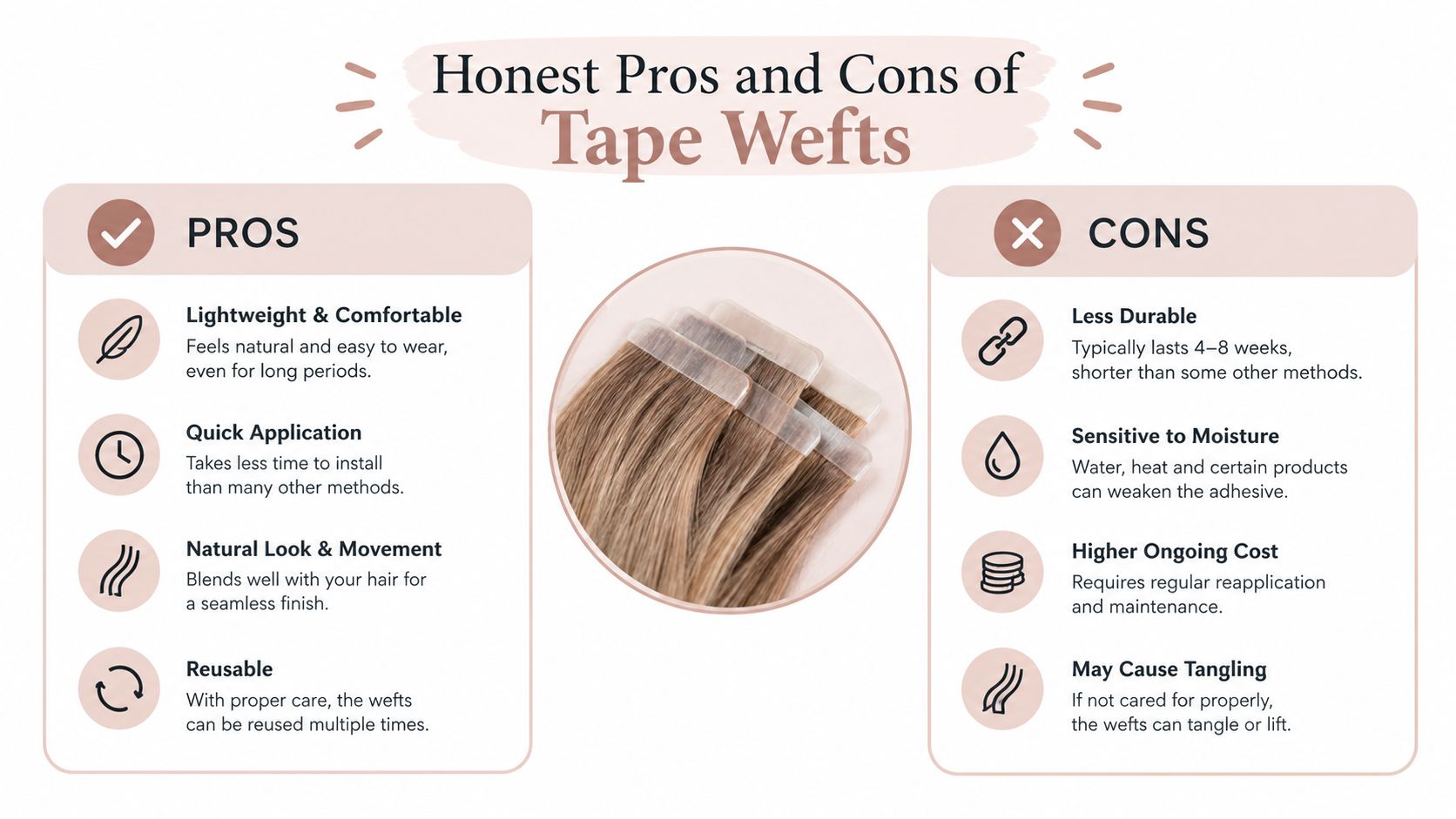 A comparison chart showing the pros and cons of tape weft hair extensions with icons.