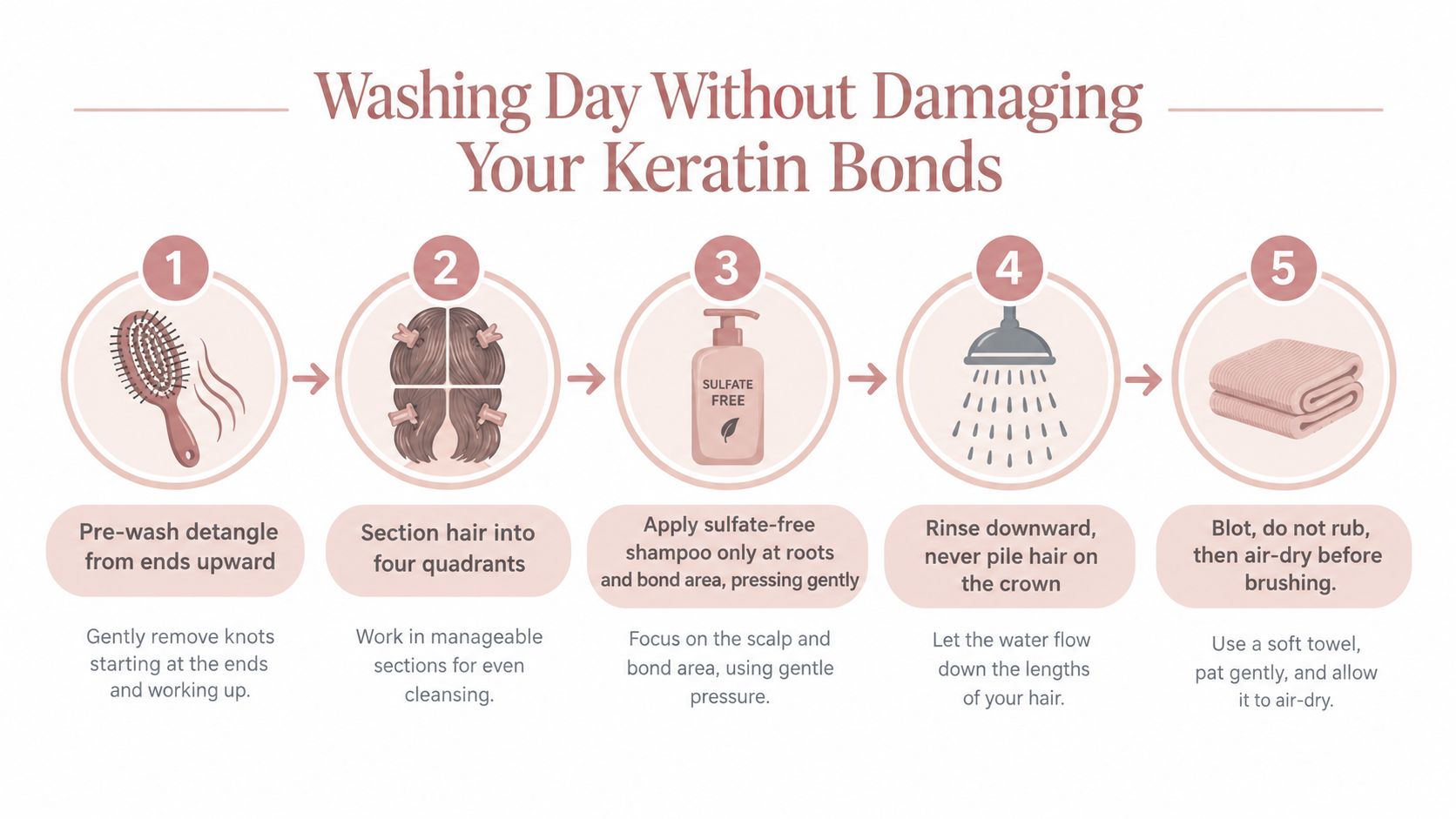 A step-by-step infographic showing how to wash hair with keratin bond extensions to prevent damage.
