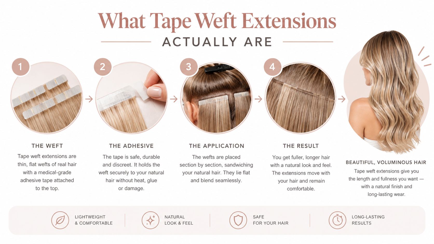A step-by-step infographic showing the application process and benefits of using tape weft hair extensions.