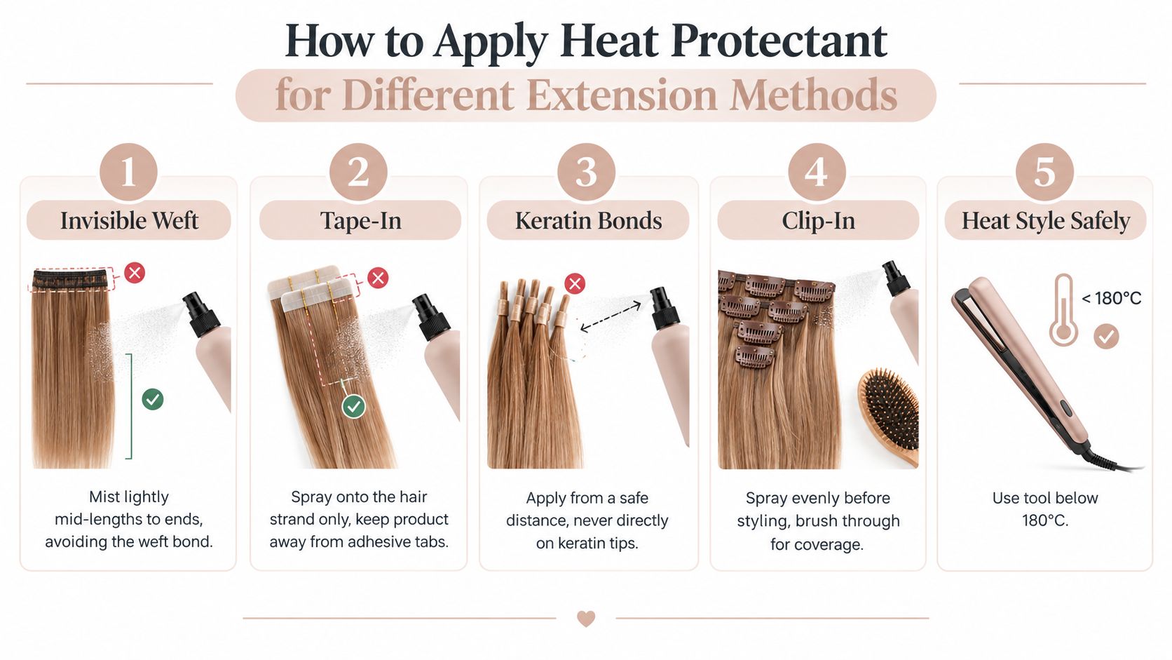 A step-by-step instructional guide on how to safely apply heat protectant spray to different hair extension types.