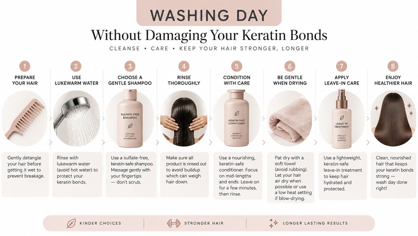 An infographic detailing eight steps to wash hair with keratin bond extensions to prevent damage and maintain strength.