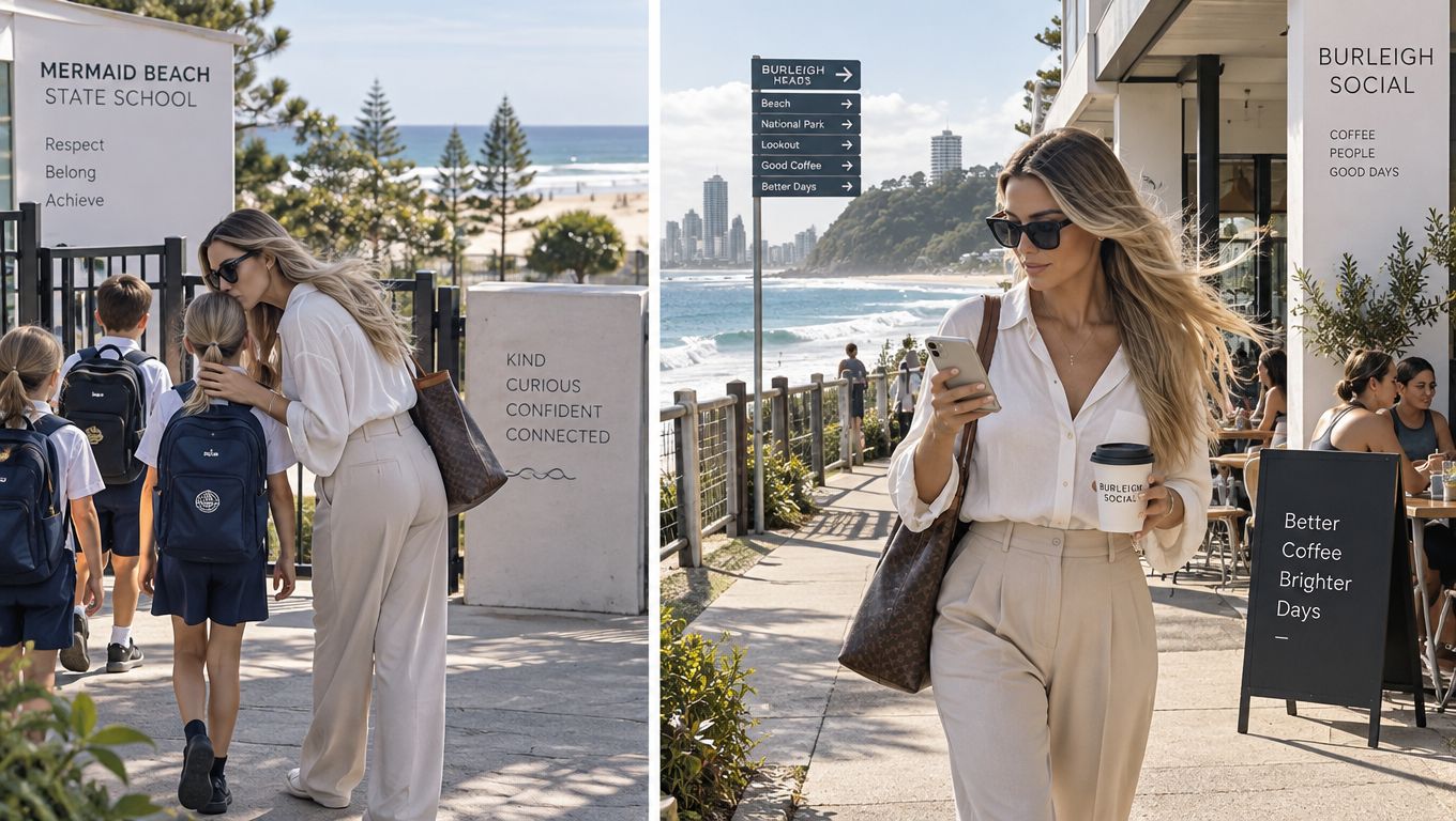 A split image showing a stylish woman dropping off her children at school and walking near the beach.