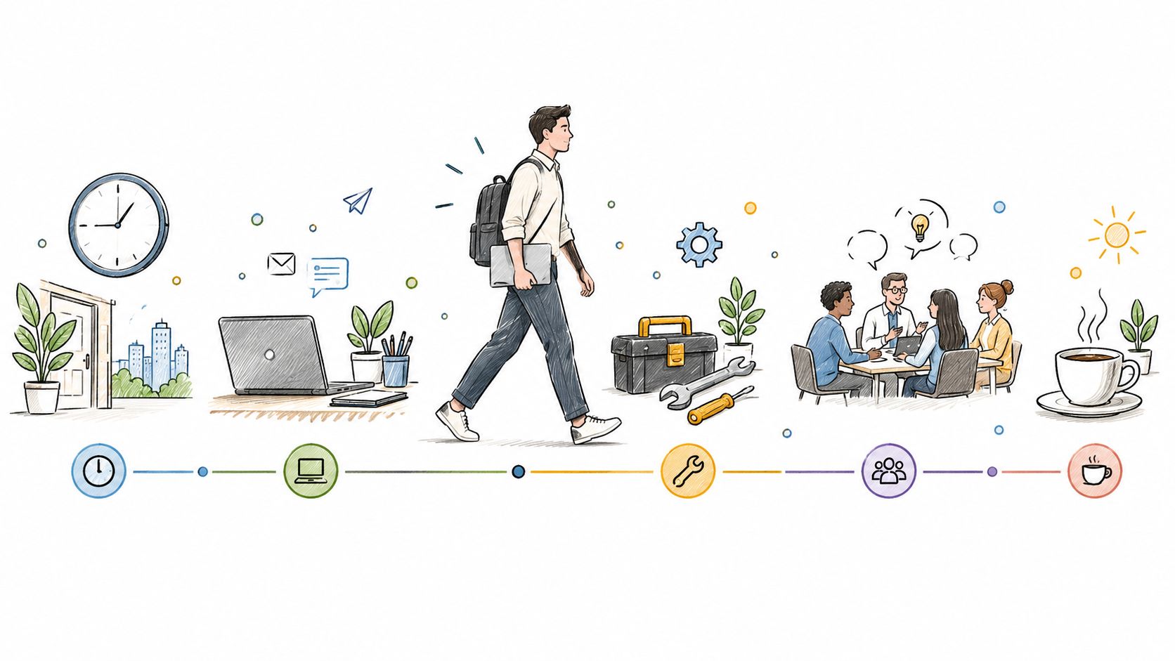 Een illustratie van een dag uit het professionele leven, van de start tot aan het overleg.