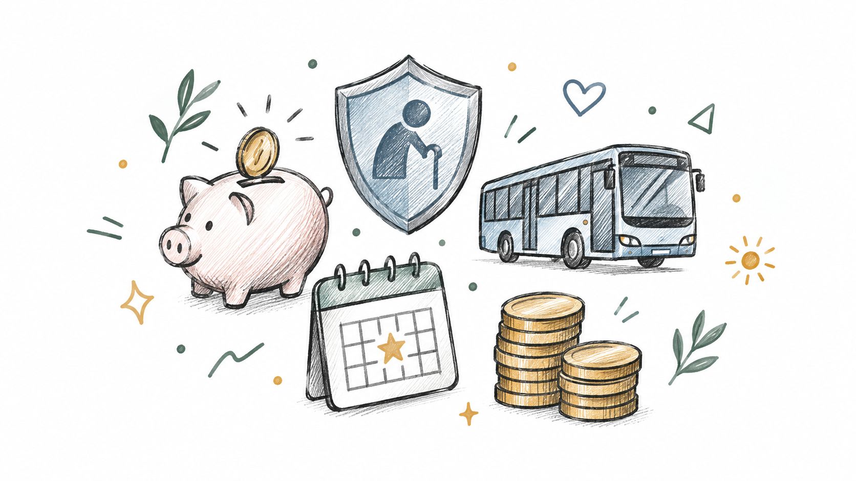 Een illustratie met pensioengerelateerde symbolen zoals een spaarvarken, een kalender, een bus en munten voor financiële planning.