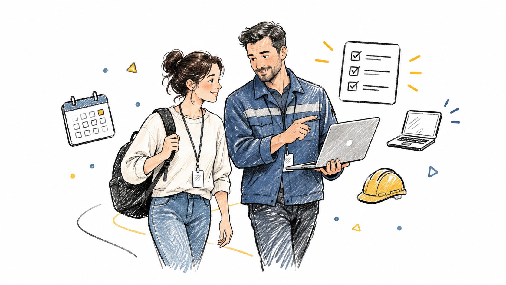Een vrouwelijke student en een mannelijke werknemer in werkkleding bespreken projecttaken op een laptop tijdens een sollicitatiegesprek.