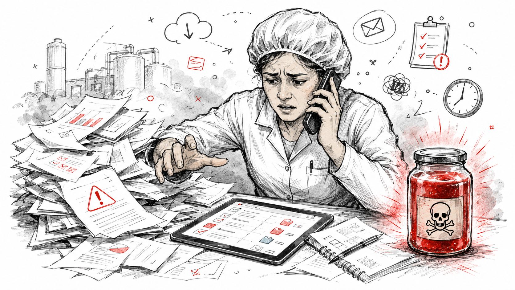 A distressed manufacturing worker manages a food safety crisis, overwhelmed by paperwork and a contaminated product sample.