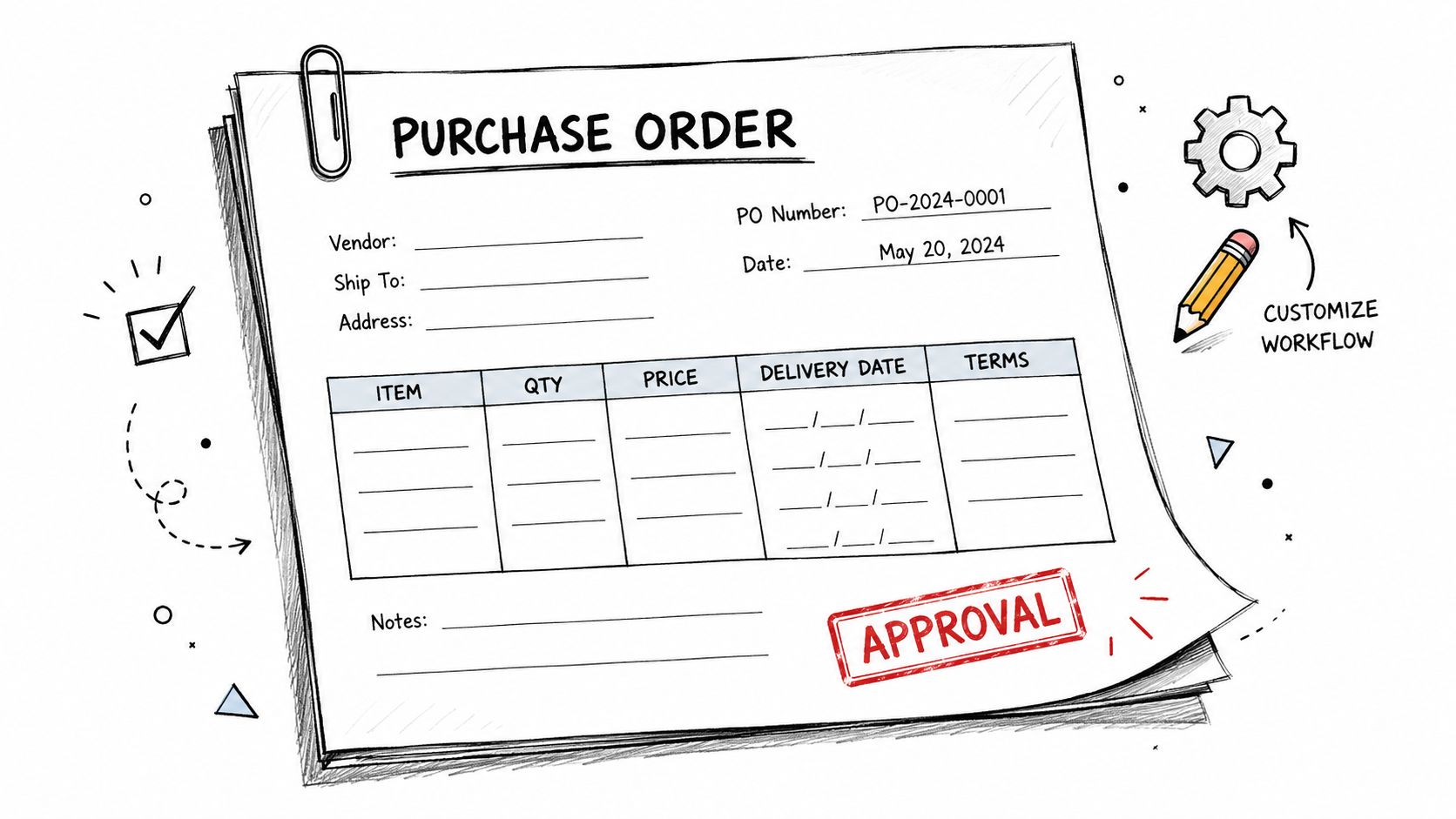 A hand-drawn illustration of a blank purchase order form featuring an approval stamp and workflow icons.