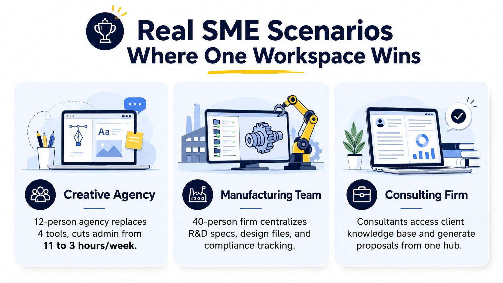 An infographic showing real SME scenarios where one workspace improves productivity for creative, manufacturing, and consulting businesses.