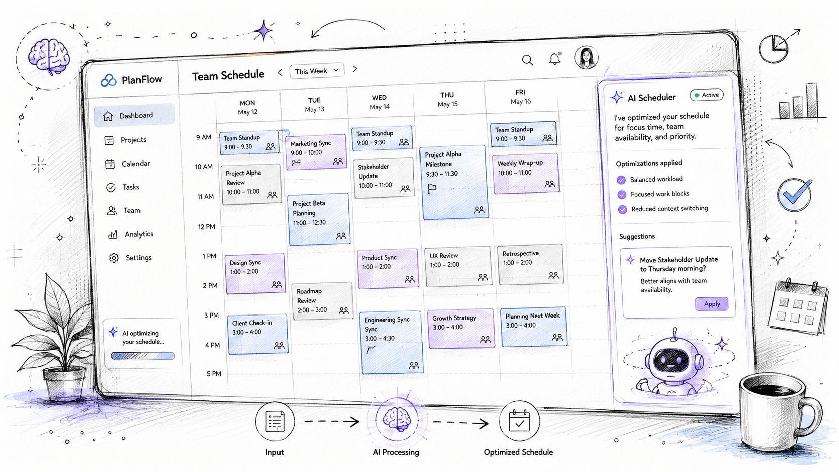 A digital interface featuring a team calendar with AI scheduling tools and automated task management analytics dashboard.