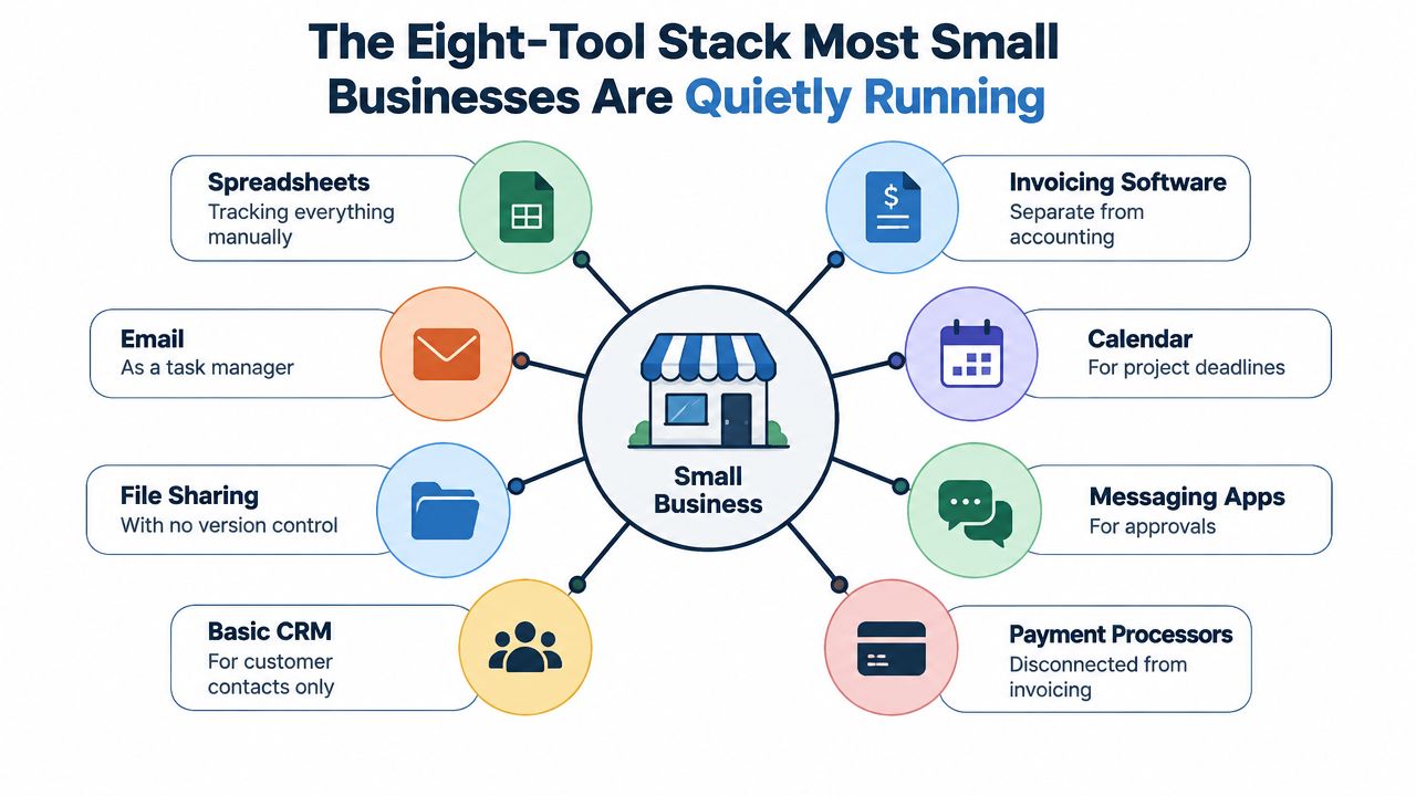 A diagram illustrating eight common, disconnected tools that small businesses use for their daily operations.