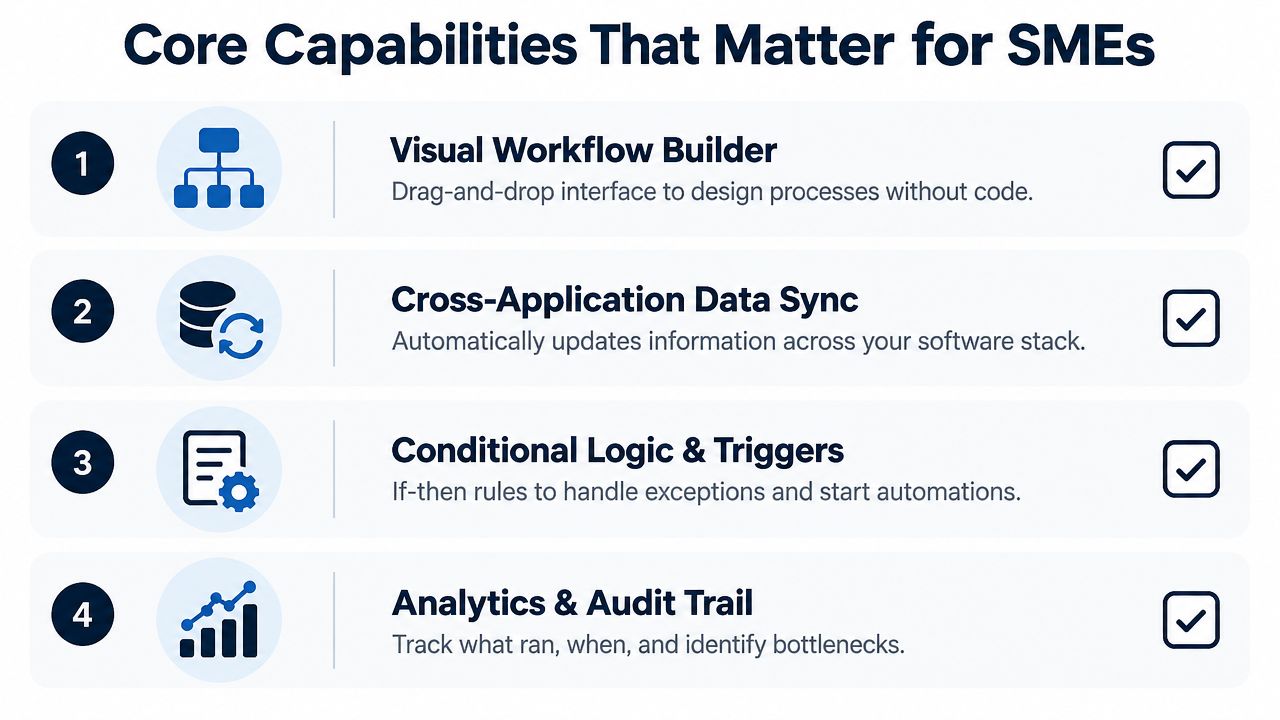 A list showing four essential features of process automation software for small and medium-sized enterprises.