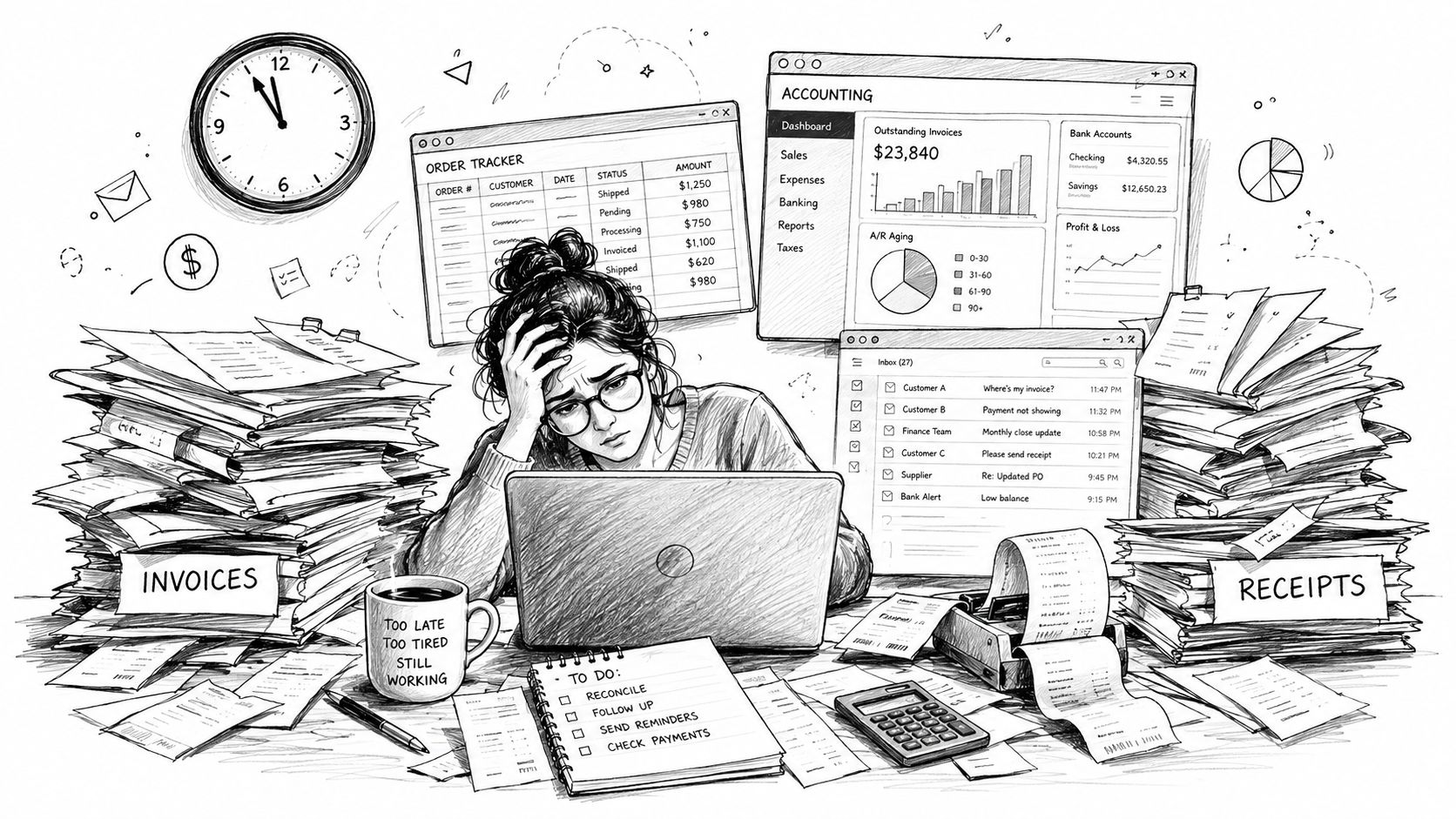 A stressed accountant sitting at a desk overflowing with paper invoices and receipts while working late.