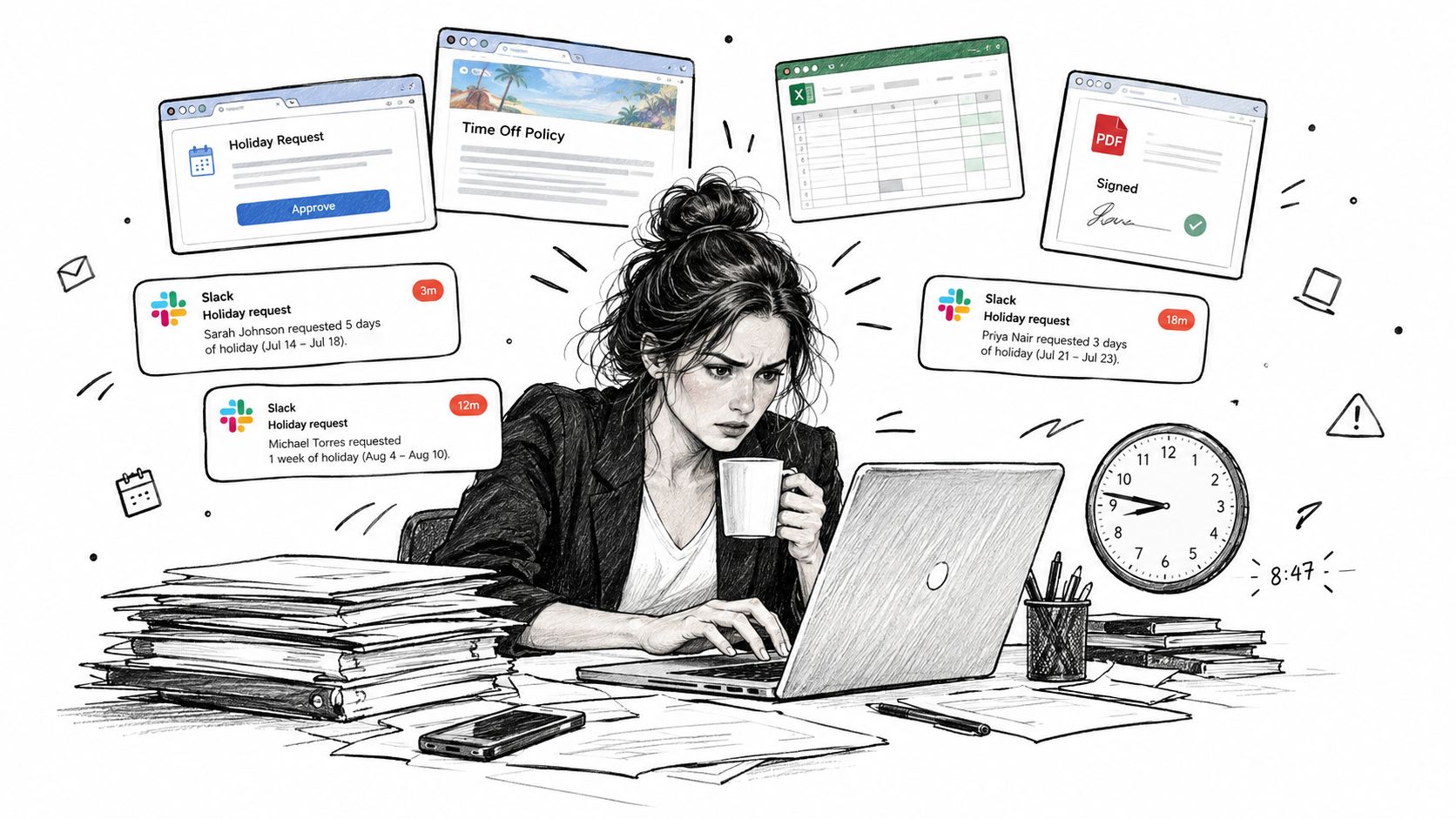 A stressed woman working at her desk overwhelmed by numerous holiday request notifications and office paperwork.