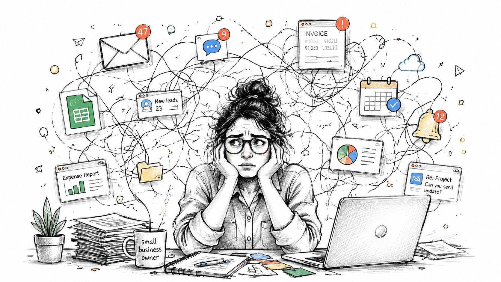 A stressed small business owner surrounded by chaotic digital notifications, documents, and overwhelming work tasks.
