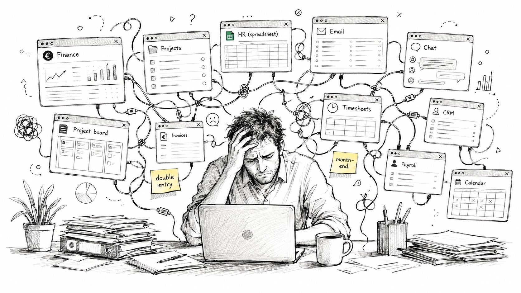 A stressed man overwhelmed by complex, interconnected digital work software and too many administrative tasks.
