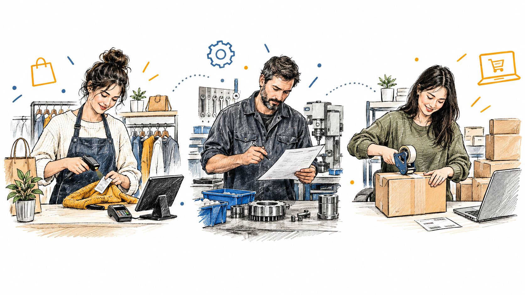 Three professional people performing retail, manufacturing, and shipping tasks to illustrate small business inventory software operations.