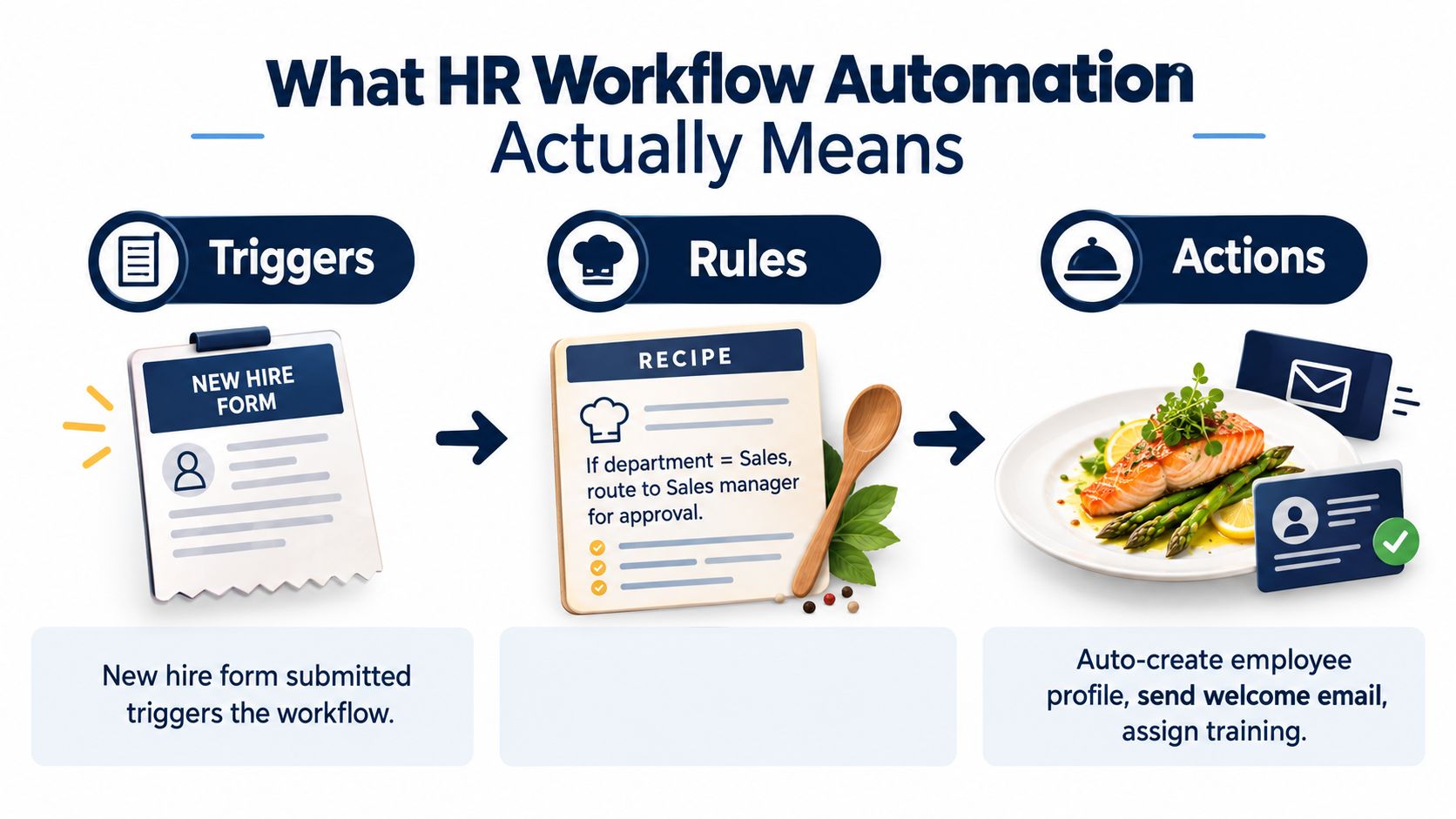 A diagram explaining HR workflow automation featuring triggers, rules, and actions for employee onboarding processes.