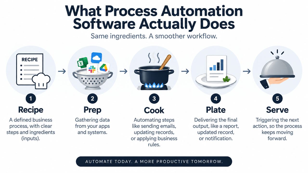 An infographic illustrating five steps of process automation software: Recipe, Prep, Cook, Plate, and Serve.