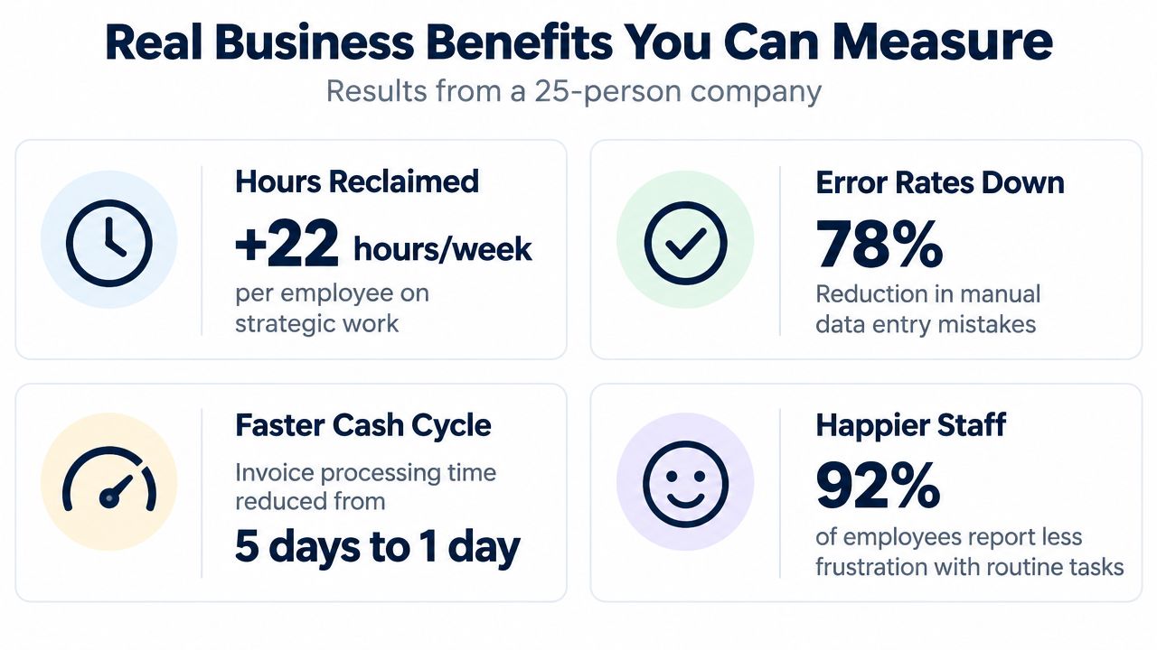 A graphic showing business benefits from process automation including reclaimed hours, reduced errors, faster cash cycles, and happier staff.