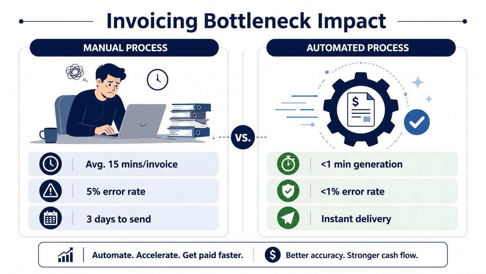 A comparative infographic showing the efficiency gains of moving from a manual invoicing process to an automated system.
