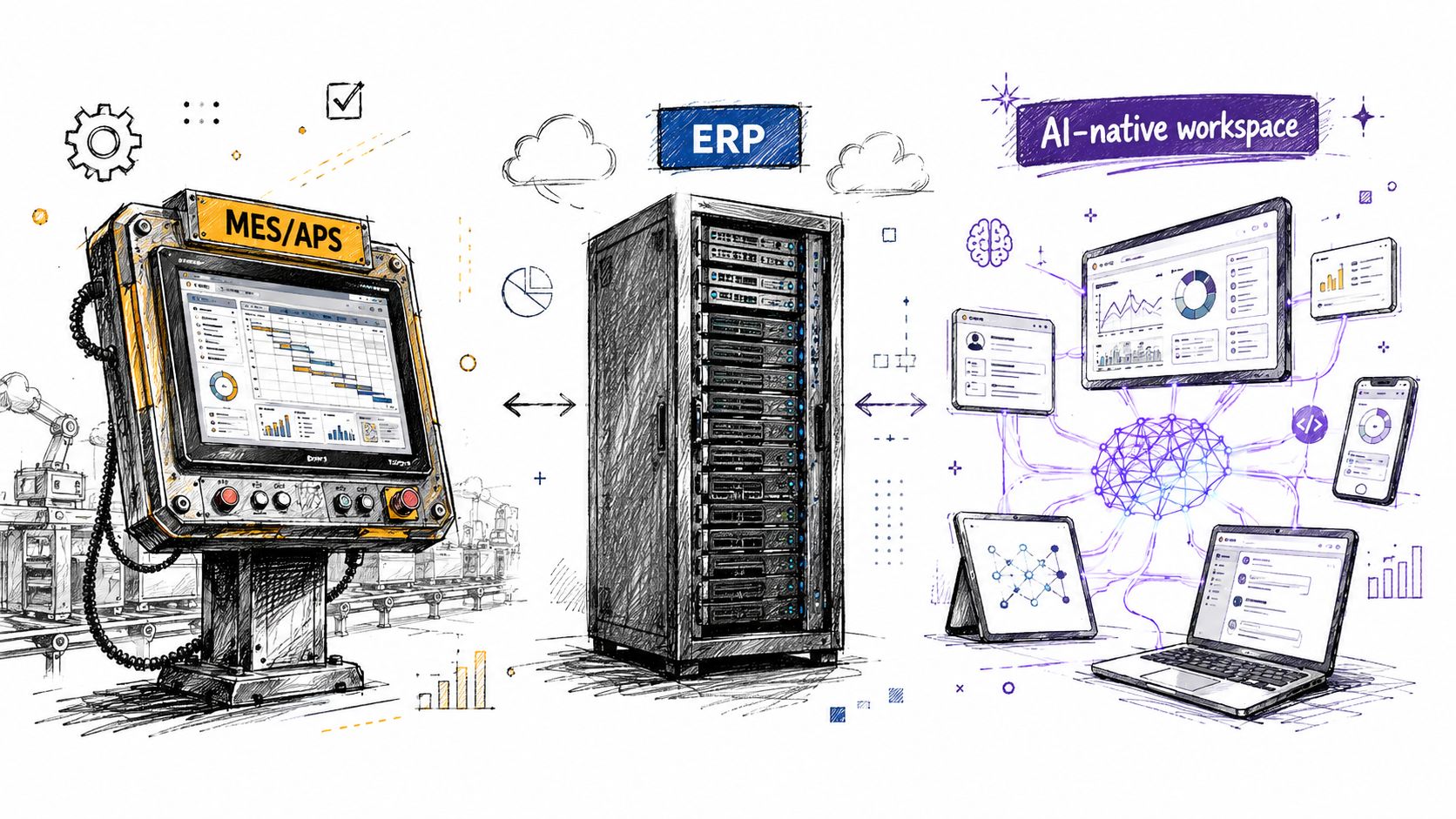 A digital illustration showing the integration of MES/APS systems, ERP servers, and an AI-native workspace.