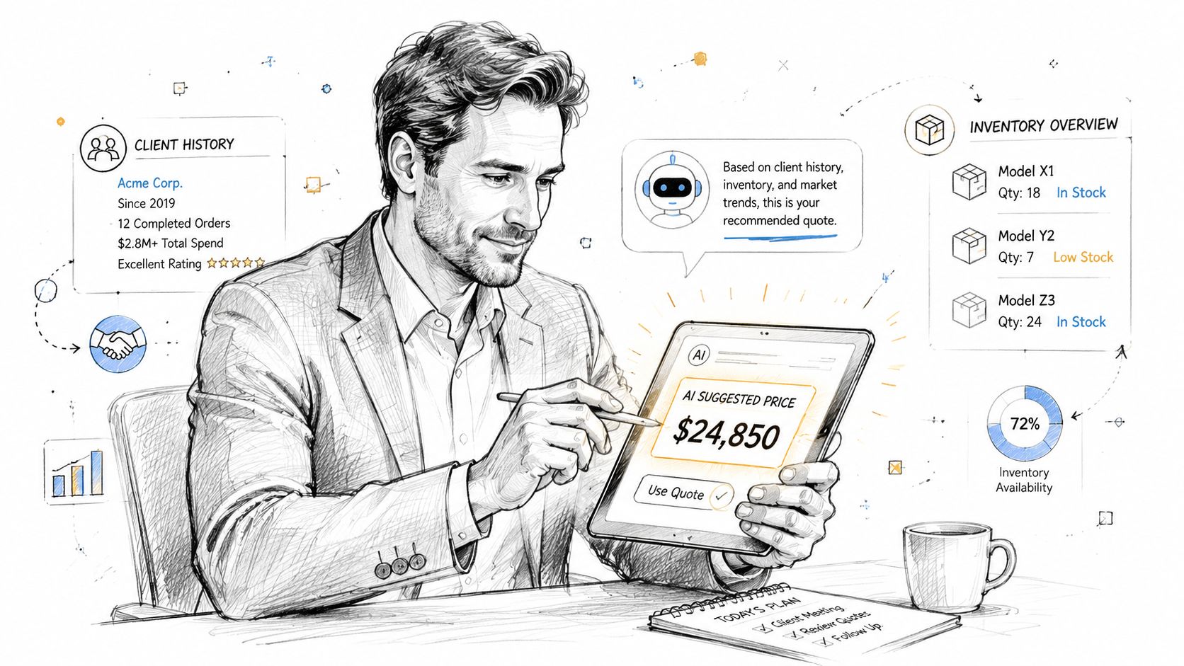 A professional man using a tablet with AI tools to generate sales quotes and manage business inventory.