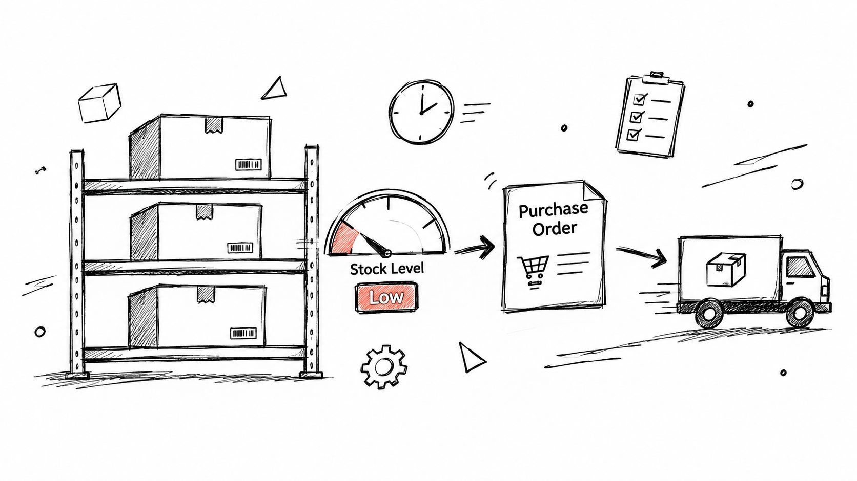 A sketched illustration depicting warehouse stock levels triggering a purchase order and delivery truck for automation.