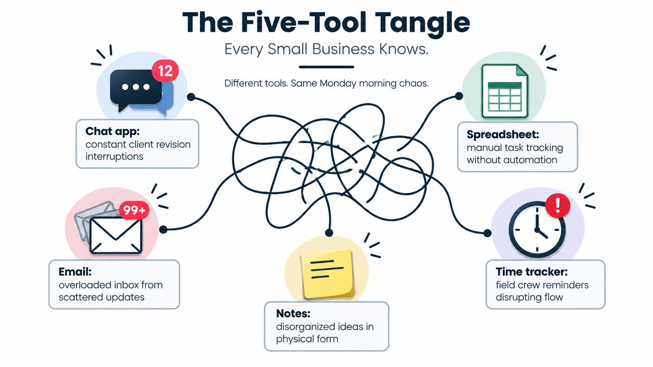 An infographic showing the chaos of using five disconnected business tools like email and spreadsheets.