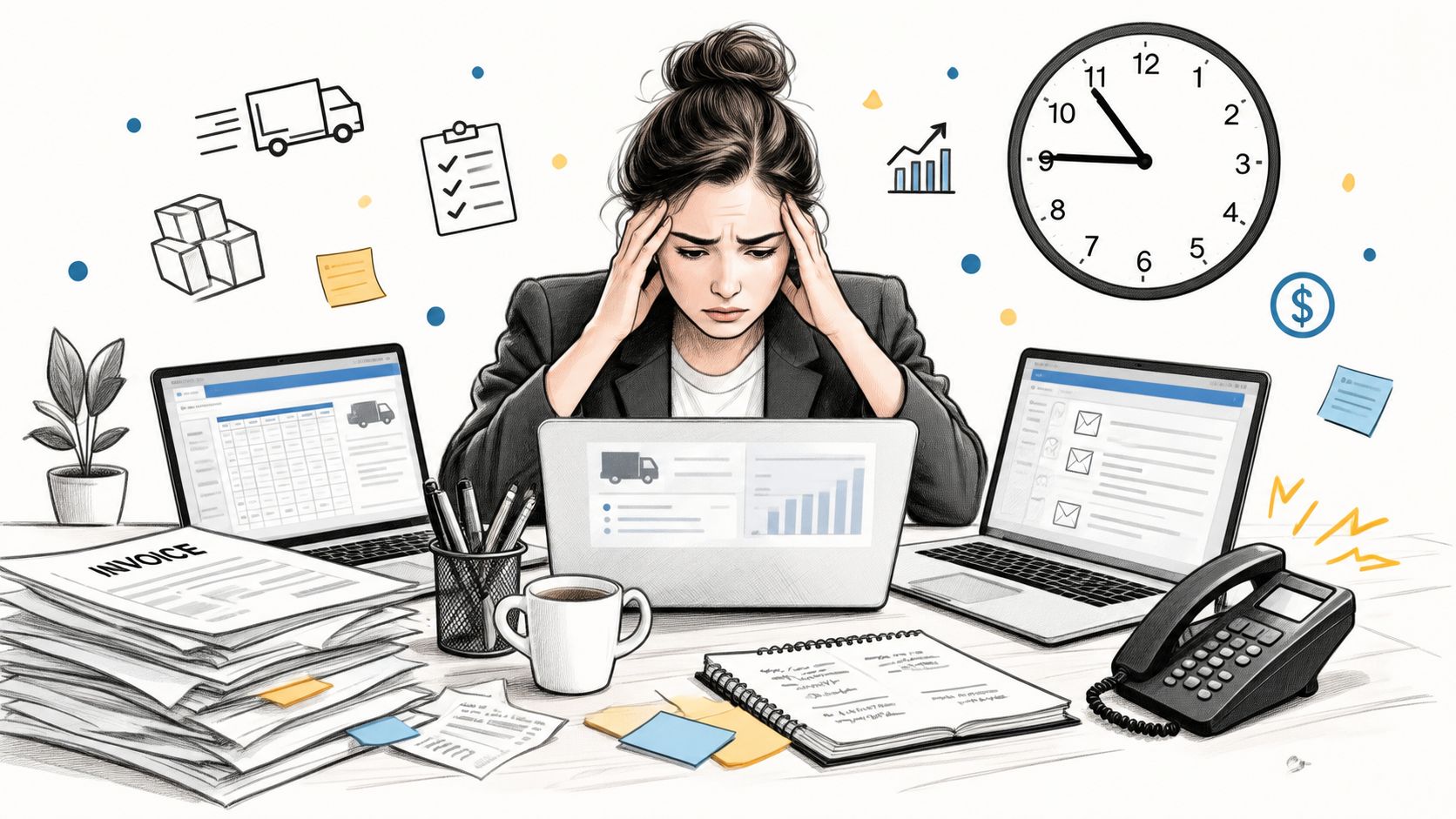 A stressed woman working at her desk, overwhelmed by paperwork, multiple computers, and a ringing telephone.