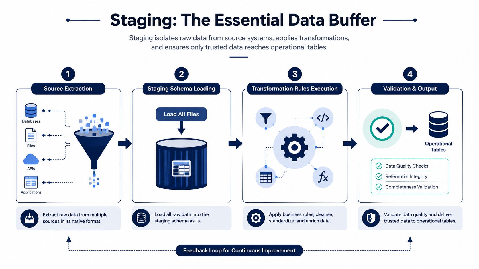 A diagram illustrating the four-step data staging process for moving raw information into operational tables.