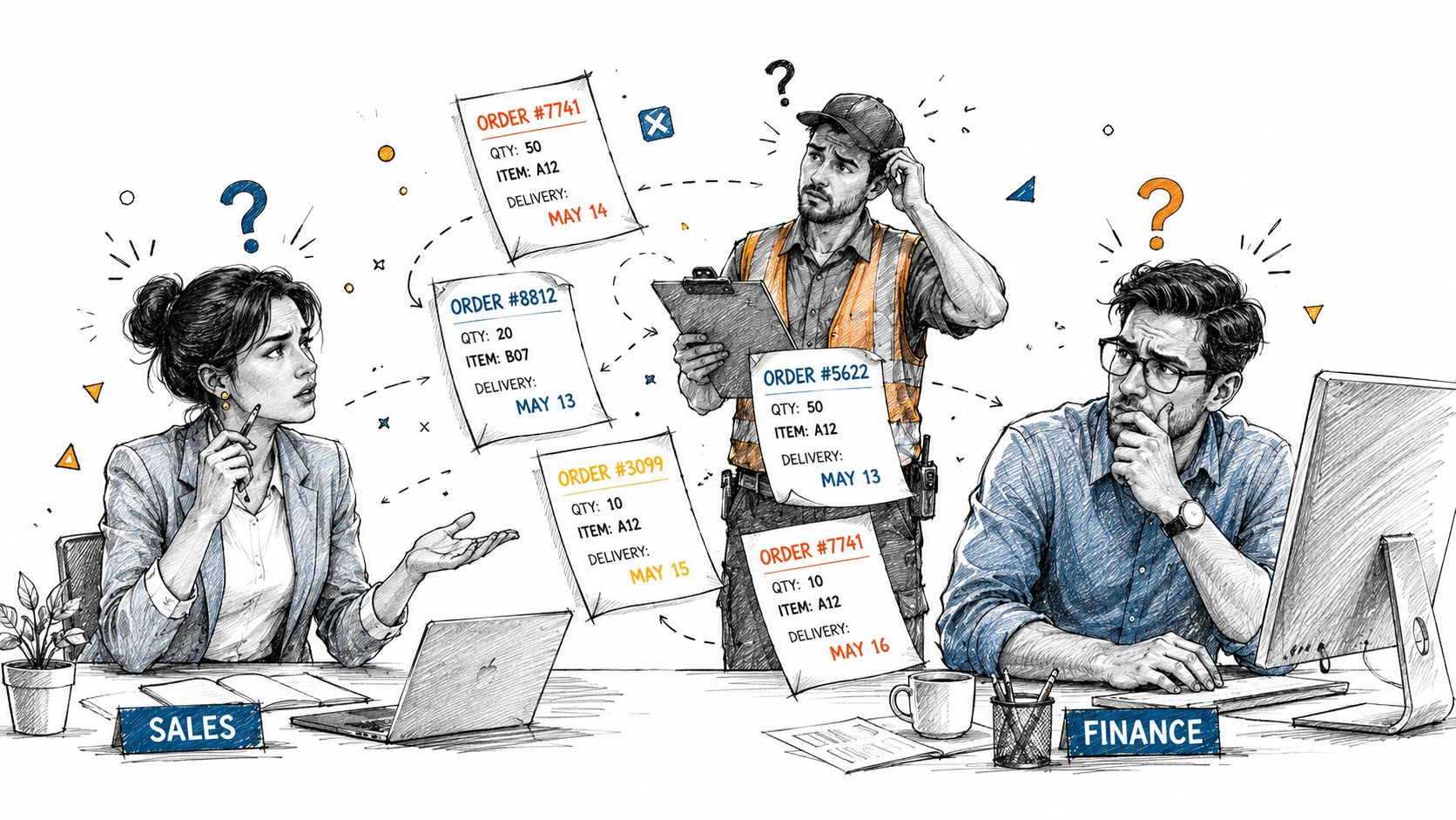 A conceptual illustration of communication gaps between sales, finance, and operations teams regarding order management.