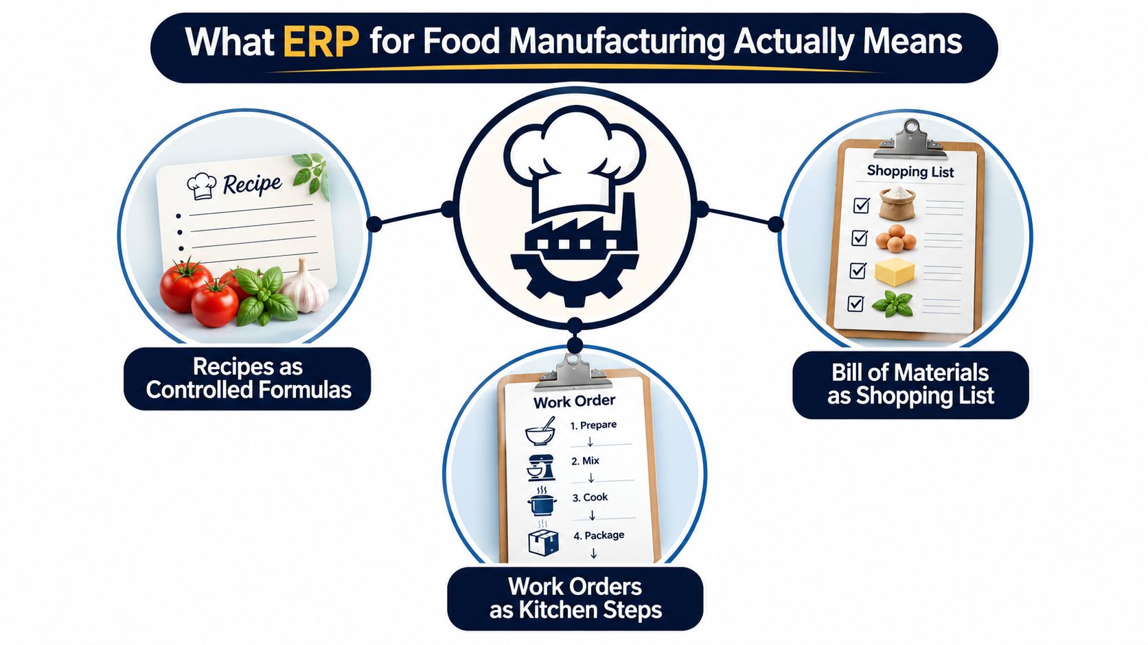 A diagram explaining ERP for food manufacturing through recipes, bill of materials, and kitchen work orders.