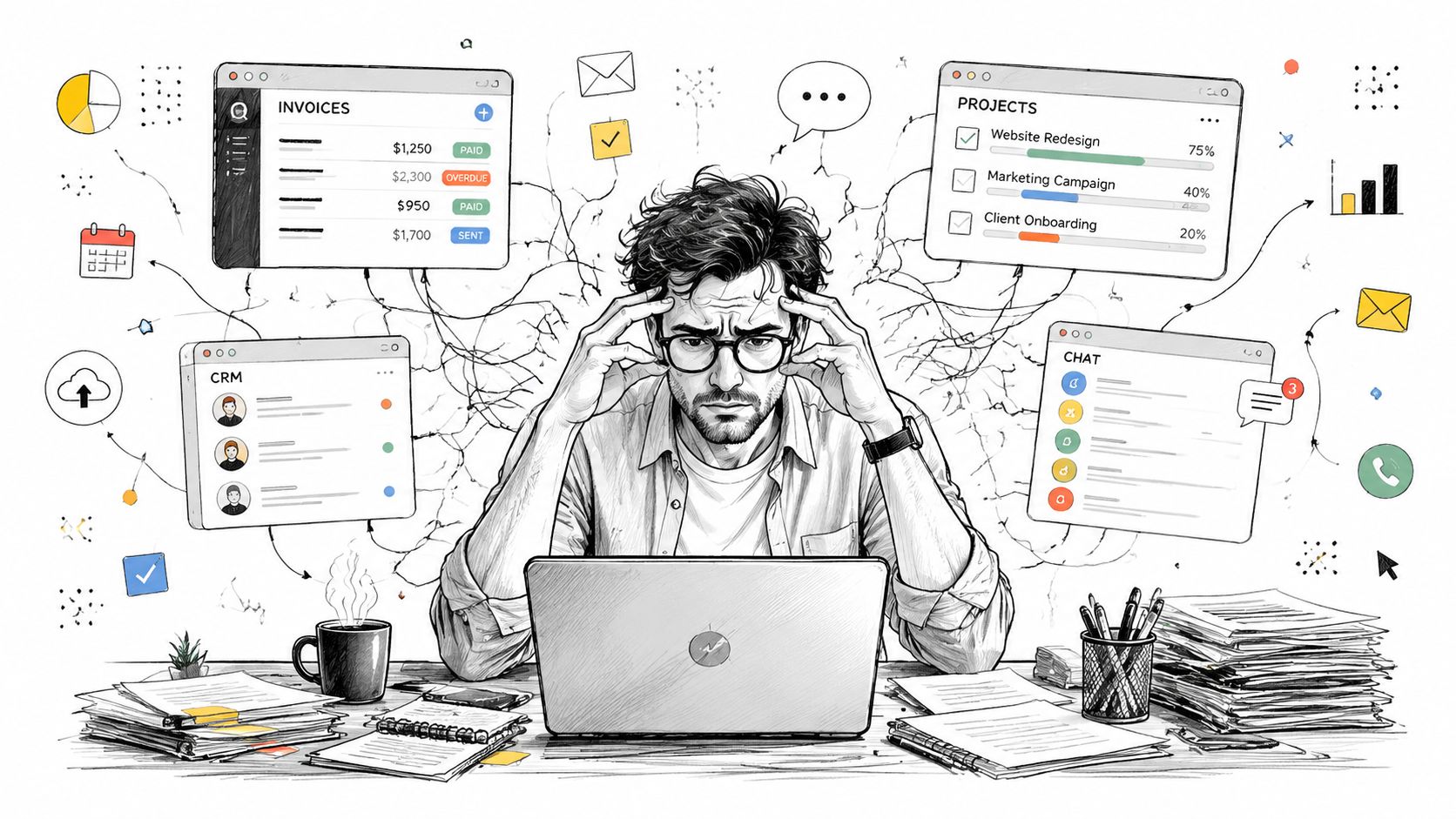 A stressed man working on his laptop surrounded by digital workspace windows and overflowing paperwork.